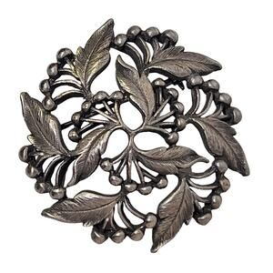 Pewter Tone Floral Filigree Brooch Pin - Elegant Circular Design